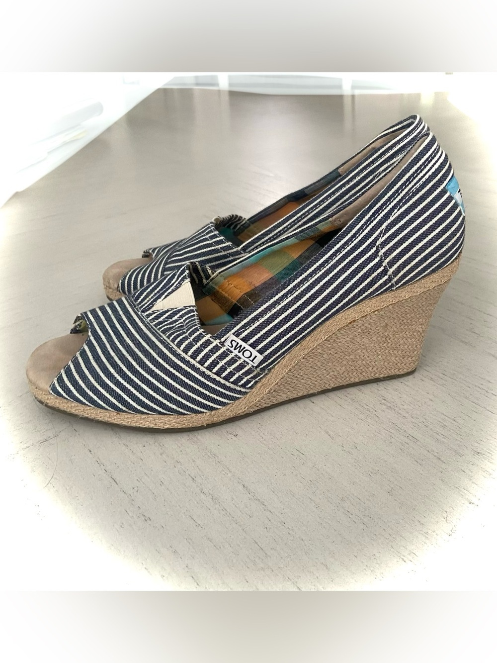 TOMS Navy and White Striped Espadrille Wedge Peep-Toe 8/8.5